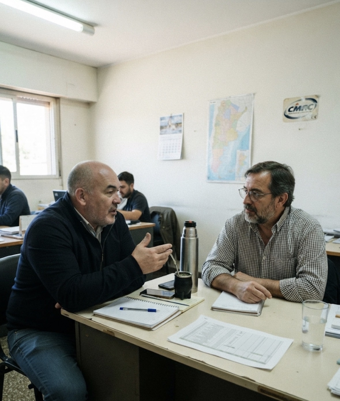Maximiliano Meza conversando con un responsable dentro de una empresa